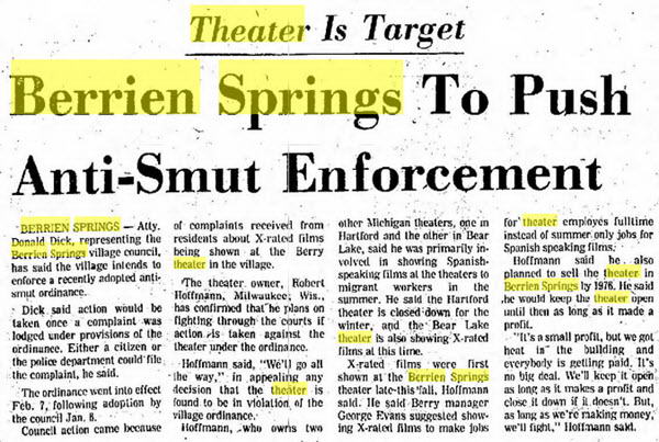 Berry Theatre - Feb 14 1975 Article On Porn